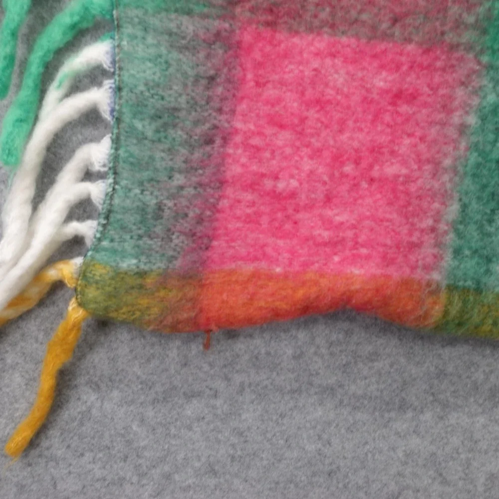 Boho Plaid‎ Throw Wool Pillow Cover Green Block Check Brush Fringe OUI 20 Square